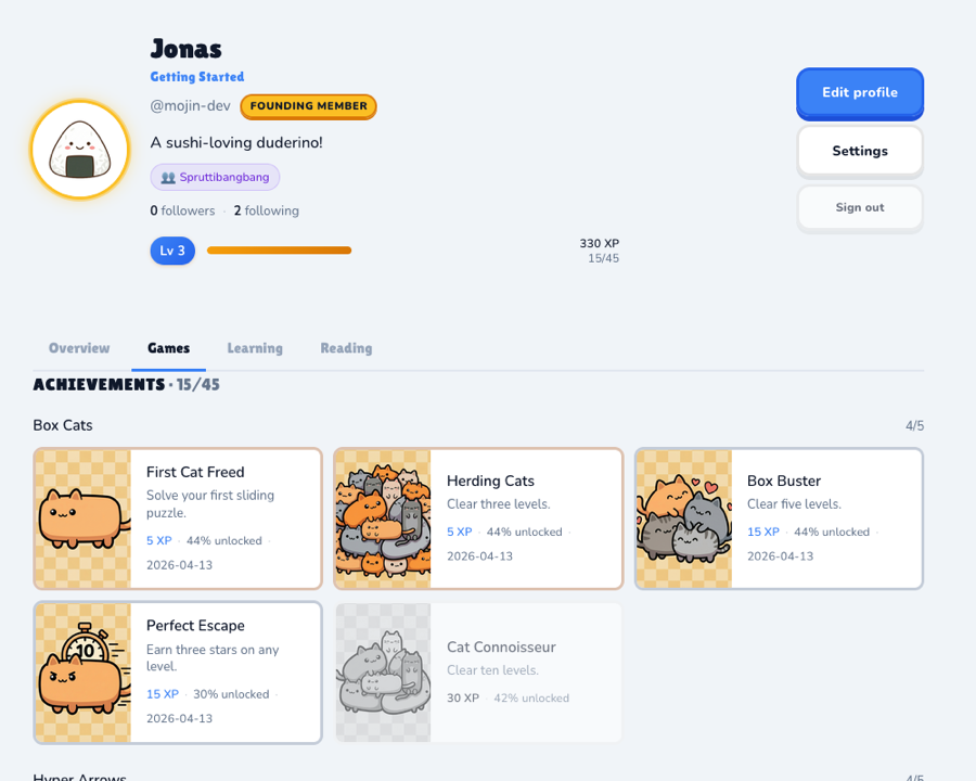 Live achievements, tiered XP and per-user unlocks on the games portal