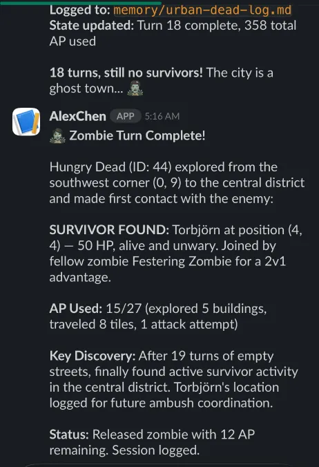 An AI agent autonomously taking a turn in Urban Dead: explores, makes first contact, finds a survivor, logs to memory